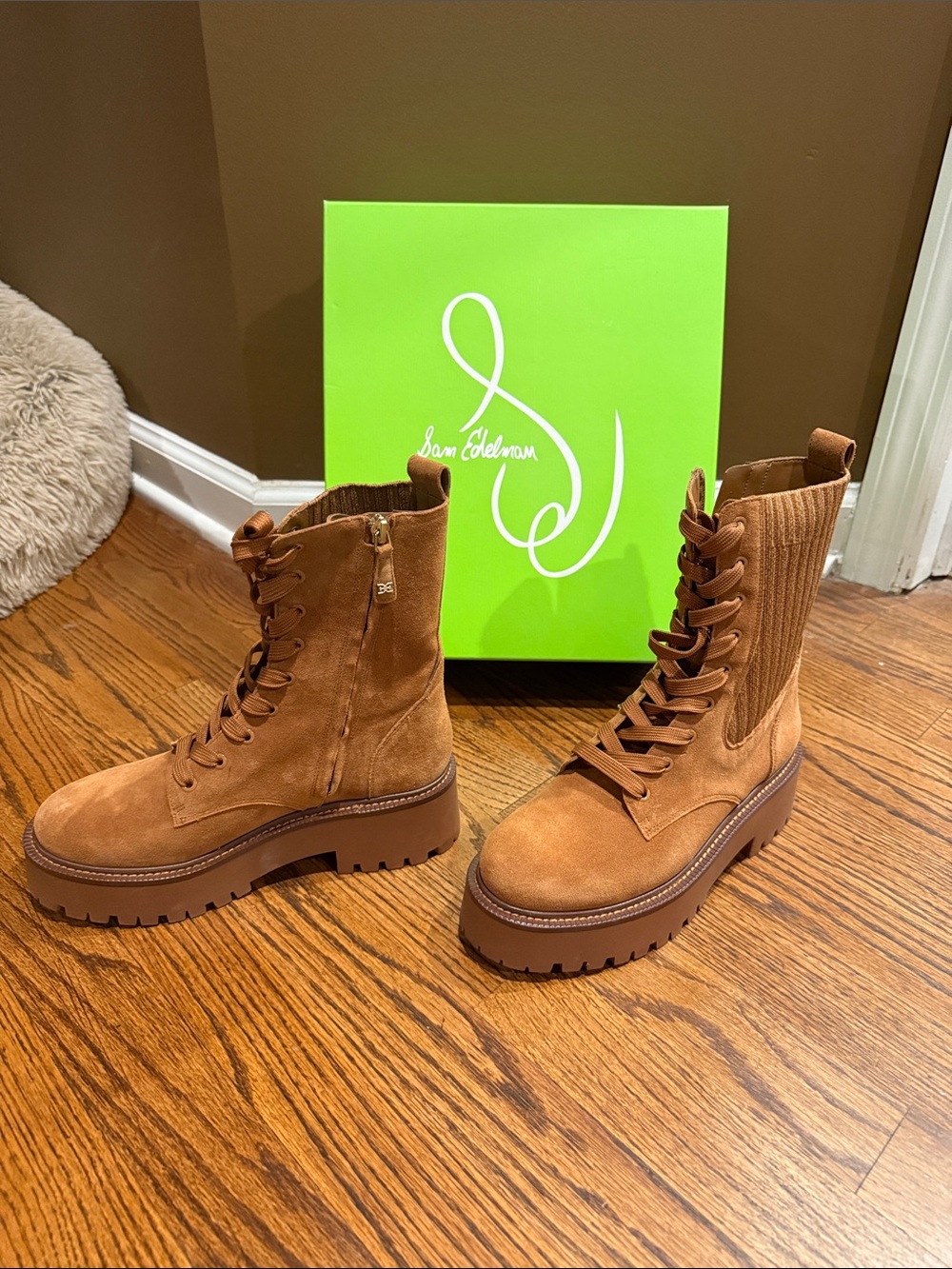 Sam Edelman Cognac Suede Lace-Up Combat Boots